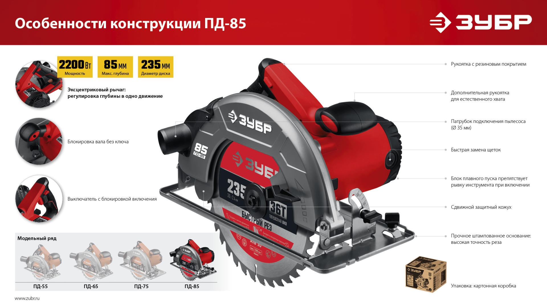 Пила циркулярная (дисковая) 2200Вт d235мм ЗУБР 