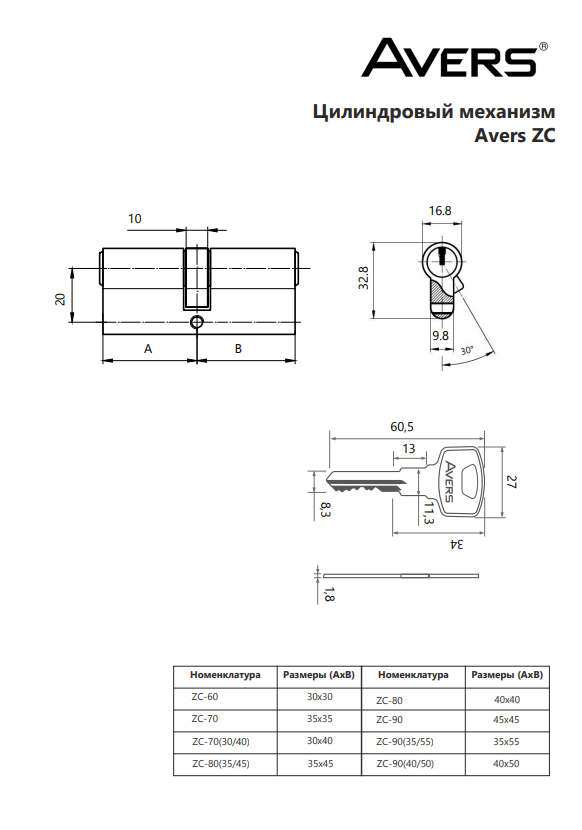 Цилиндровый механизм Avers ZC-70-CR хром